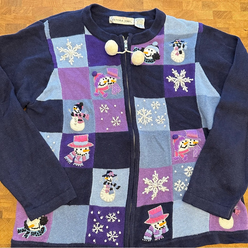 Victoria Jones Woman Blue and Purple Snowman Sweater